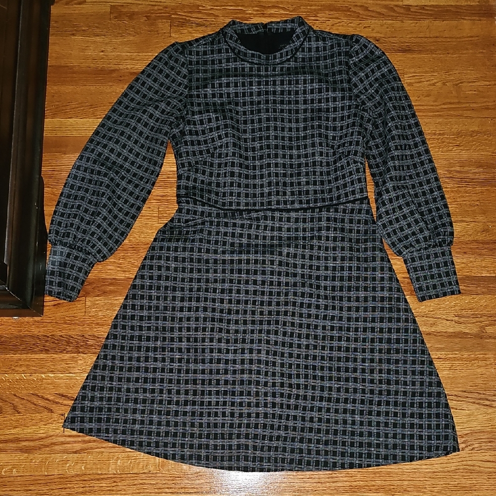 Ann Taylor Black and Gray Checkered Long Sleeve Dress